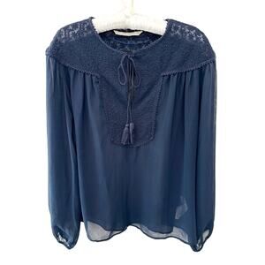 ZARA BASIC | Navy Blue Eyelet Lace Yoke Long Sleeve Sheer Blouse | Small